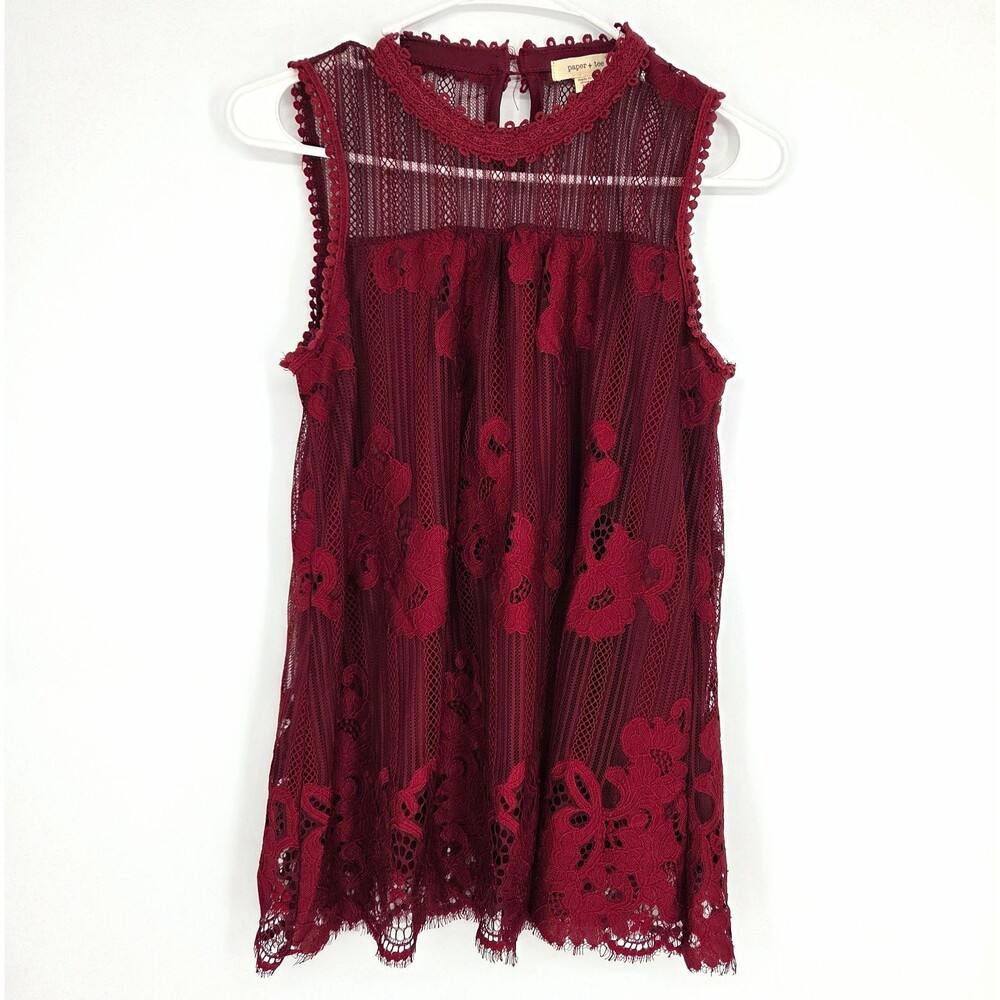 Paper + Tee Womens Burgundy Floral Lace Lined Round Neck Sleeveless Blouse Med.